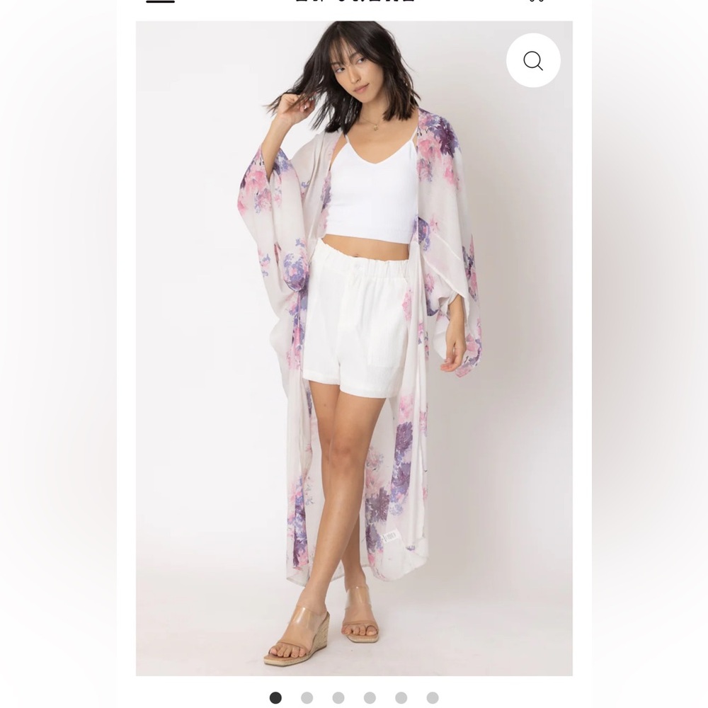 En Creme Dannie Floral Kimono S/M Long Cream Colored w/ Pink and Purple Accents